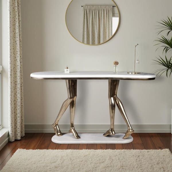 16 in. Gold Rectangle Marble Console Table with Aluminum Legs and White Marble Top