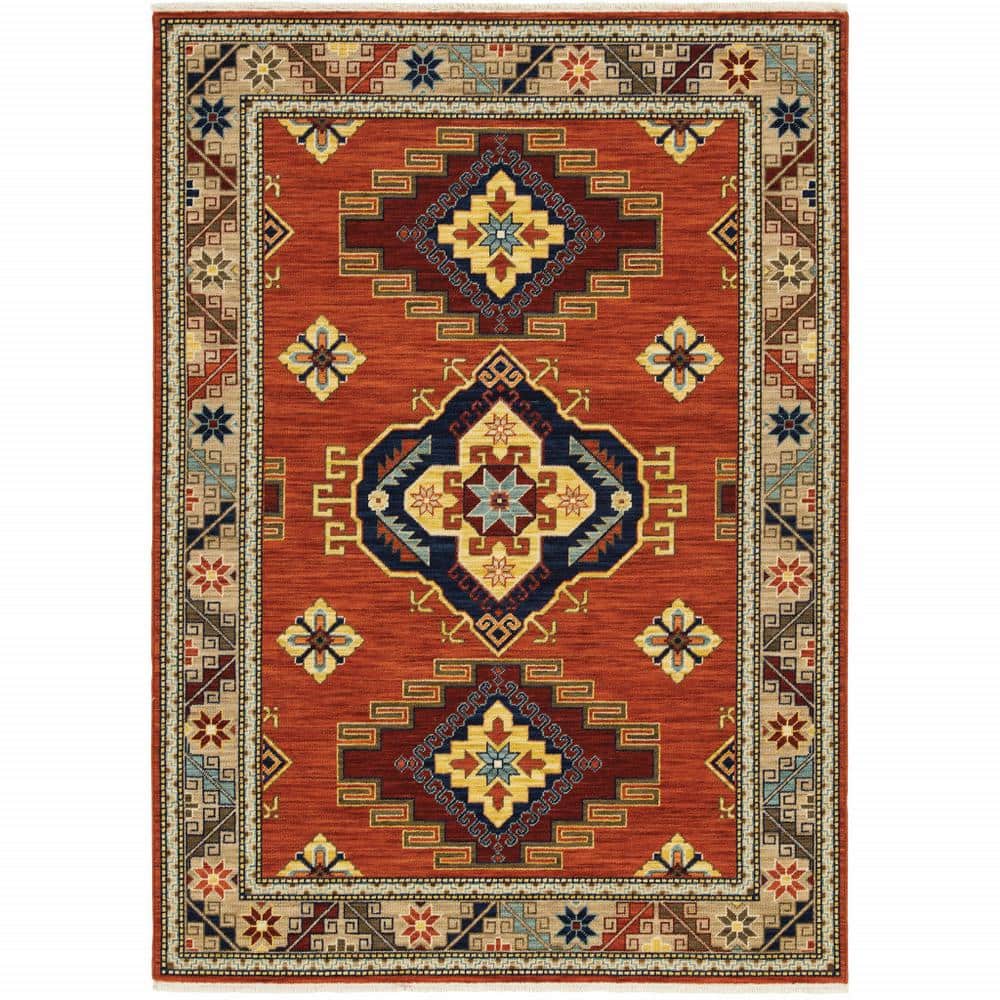 Red and Gold Oriental Wool Area Rug with Fringe, 2x3 ft