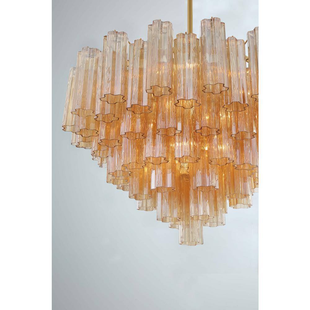 Aged Brass and Amber Glass 16-Light Chandelier