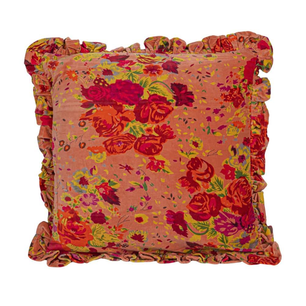Multicolor Floral Velvet Square Pillow with Ruffle Trim