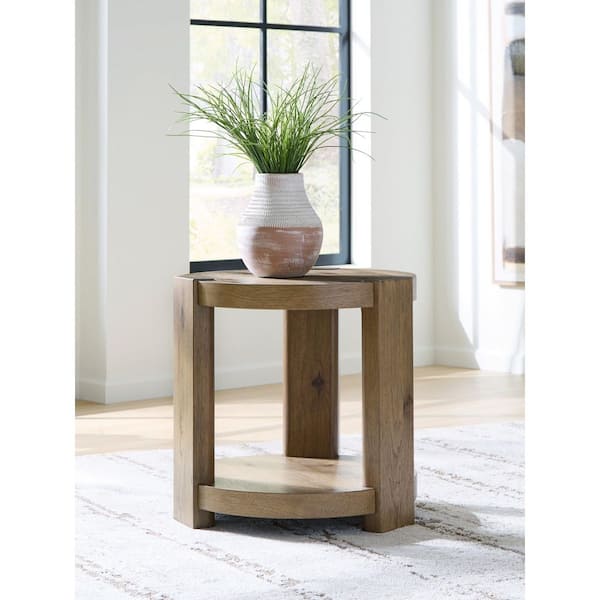 Flangren 24 in. Light Brown Round MDF End Table with Shelves
