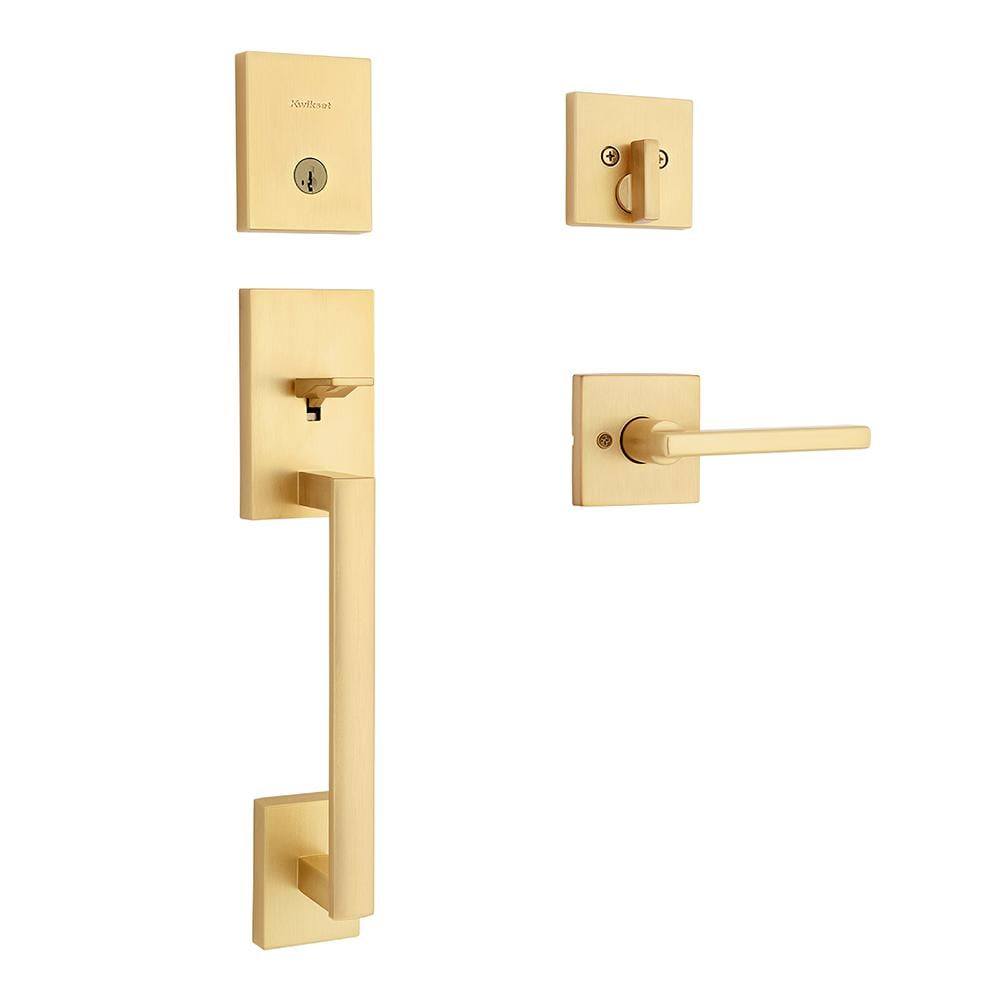 San Clemente Satin Brass Single Cylinder Entry Door Handleset with Halifax Door Handle Featuring SmartKey Security