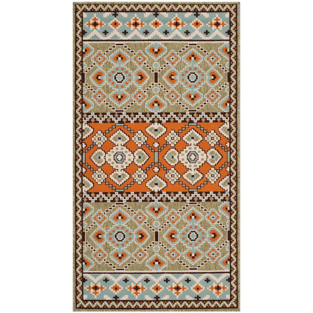 Green and Terracotta Floral Synthetic Washable Area Rug