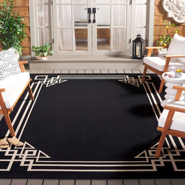 Courtyard Black/Light Beige 8 ft. x 11 ft. Solid Geometric Border Indoor/Outdoor Area Rug