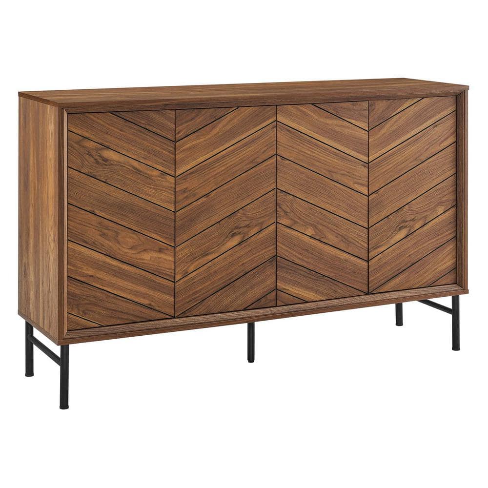 Walnut Chevron Pattern Modern Sideboard with Metal Legs