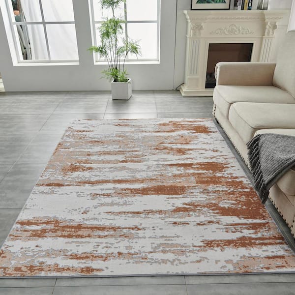 Abstract Design Gray Brown Rust 7.5 ft. x 10.5 ft. Polyester Rectangle Area Rug, Machine Washable