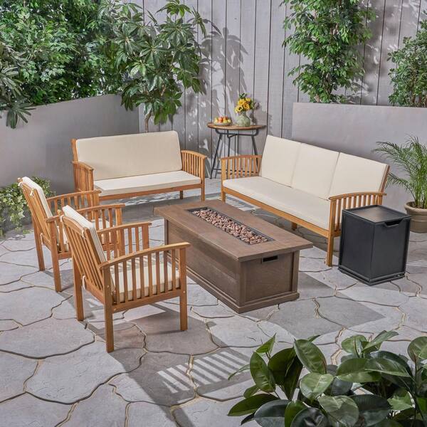 Noble House Rattler Teak and Mixed Brown Wood and Wicker Outdoor Couch with  Beige Cushions 109280 - The Home Depot