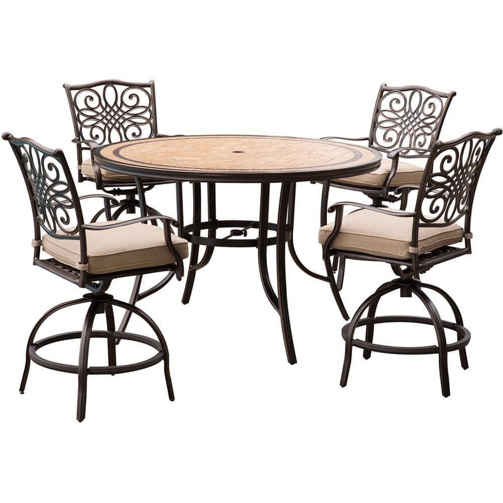 Hanover Monaco 5 Piece Aluminum Outdoor High Dining Set with Round Tile Top Table and Swivel Chairs With Natural Oat Cushions MONDN5PCBR C The Home Depot