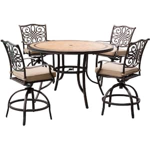Monaco 5-Piece Aluminum Outdoor High Dining Set with Round Tile-Top Table and Swivel Chairs With Natural Oat Cushions