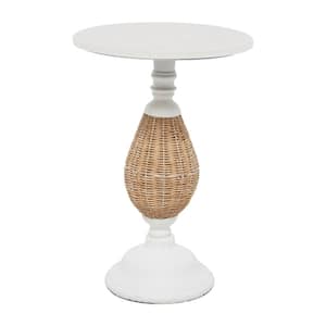 15 in. White Large Round Wood End Accent Table with Black Metal and Rattan Base