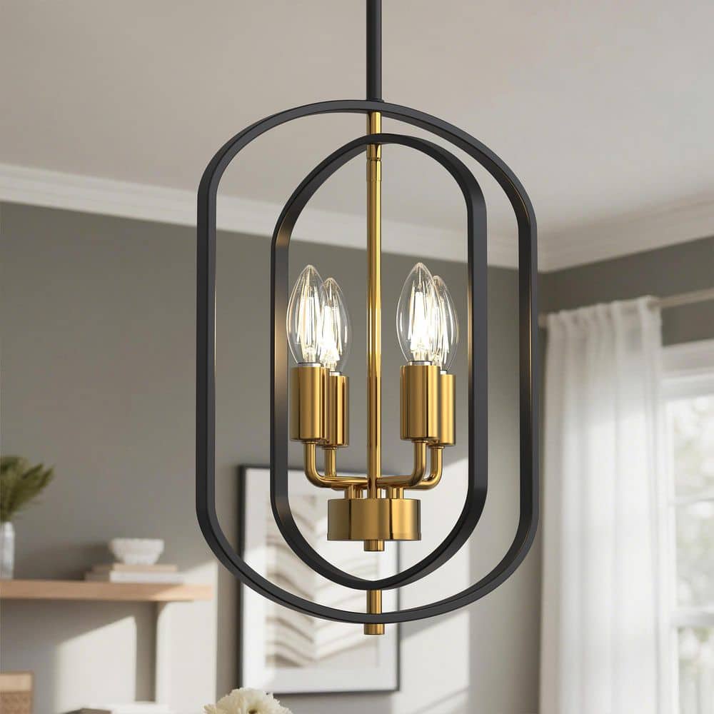 YANSUN 4-Light Black Gold Farmhouse Chandelier, Adjustable