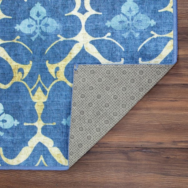 My Magic Carpet Solid Blue 2.5 ft. x 7 ft. Machine Washable Runner Rug