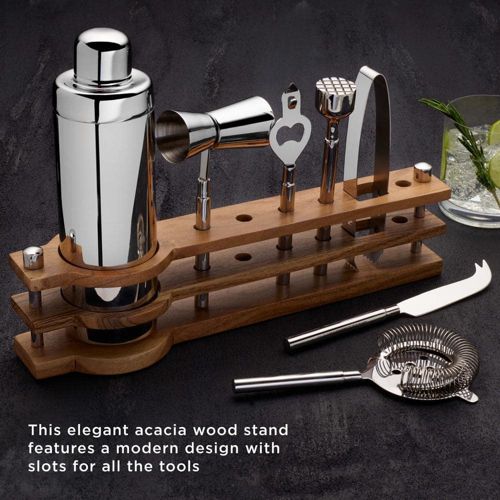 Bliss 8-Piece Stainless Steel Bar Tool Set with Acacia Wood Stand