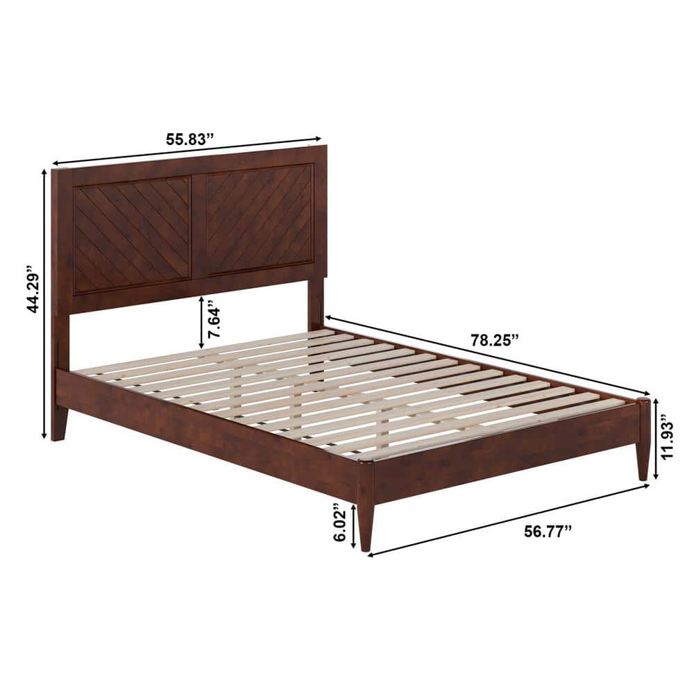 Walnut Full Solid Wood Platform Bed with Chevron Headboard