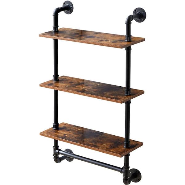 Cubilan 23.62 in. W x 7.87 in. D Rustic Brown Decorative Wall Shelf, Industrial Pipe Shelf with Towel Bar
