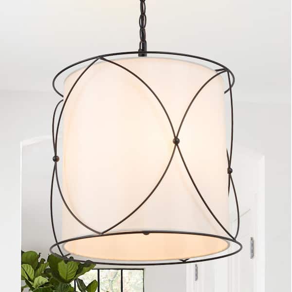 Uolfin Modern Drum Island Chandelier Pendant Light Kagome 3-Light Matte Black Cage Chandelier Light with Fabric Shade
