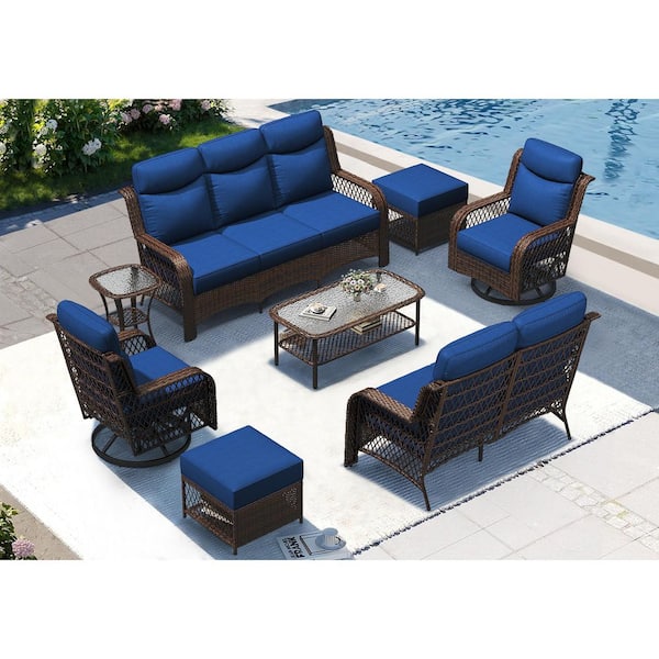 INNUMIA 7-Piece Wicker Patio Conversation Set with 5 in. Blue Cushions, Outdoor Couch and Loveseat and Swivel Rocker Chairs Set