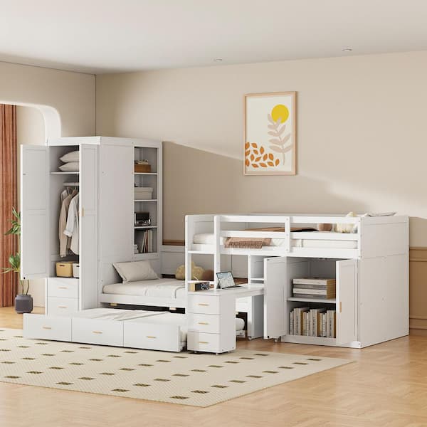 Harper Bright Designs White Wood Frame Twin over Twin Bunk Bed