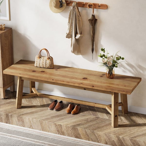 55 in. Brown Solid Wood Bench, Farmhouse Long Bench Seat for Entryway