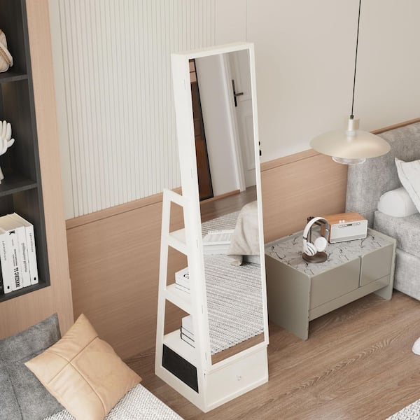 White 15.8 in. W x 65 in. H Rectangle Wood Full Length Mirror with 360° Rotating and Drawers for Bedrooms Dressing Areas
