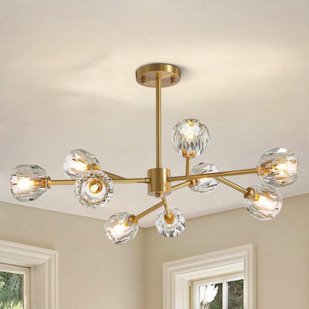 SILJOY 32 in. 9Light Gold Modern Crystal Chandelier with Crystal Clear Glass Shade SA003JH80