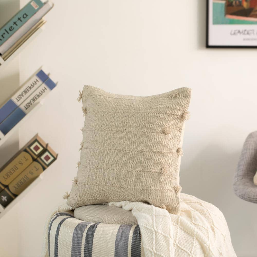 Handwoven Boho-Chic Cotton 17" Throw Pillow Cover with Drawstring