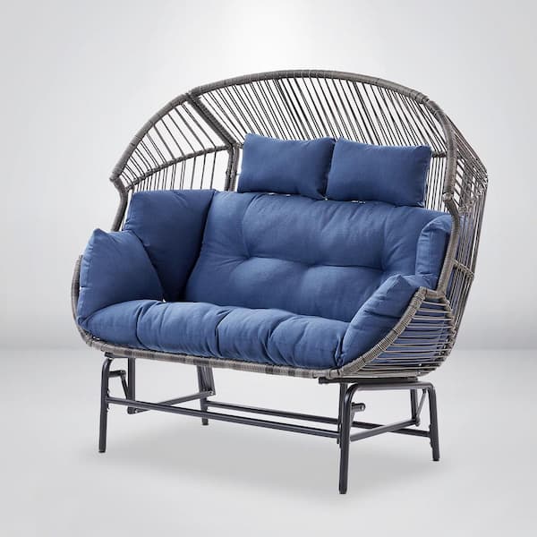 Patio Chairs Outdoor Egg Chair 2-Person Gray Wicker Outdoor Glider Loveseat with Navy Blue Cushion for Balcony, Porch