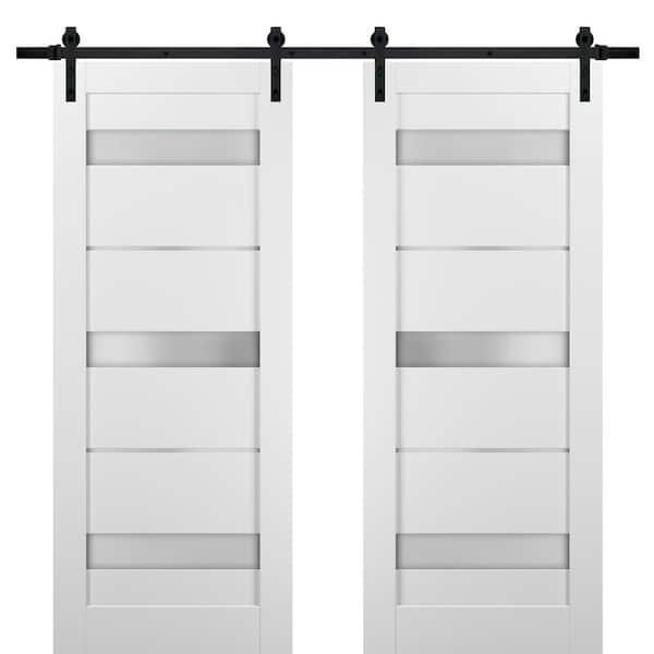 Sartodoors 48 in. x 96 in. 3 Lites Frosted Glass White Finished Pine Wood MDF Sliding Barn Door with Hardware Kit