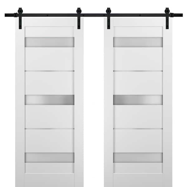 Sartodoors 84 in. x 84 in. 3-Panel 3 Lite Frosted Glass White Finished Solid Pine MDF Sliding Barn Door with Hardware Kit
