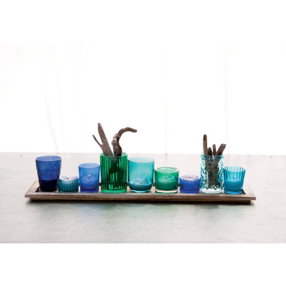 Oceanic Bliss Wood Tray with Blue & Green Glass Votive Set