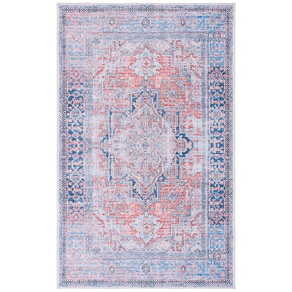 SAFAVIEH Arizona Rust/Navy 6 ft. x 9 ft. Distressed Border Ornate Machine Washable Area Rug