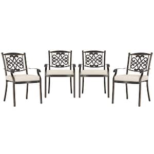 Set of 4-Cast Aluminum Outdoor Flower-Shaped Backrest Dining Chair with Beige Cushions