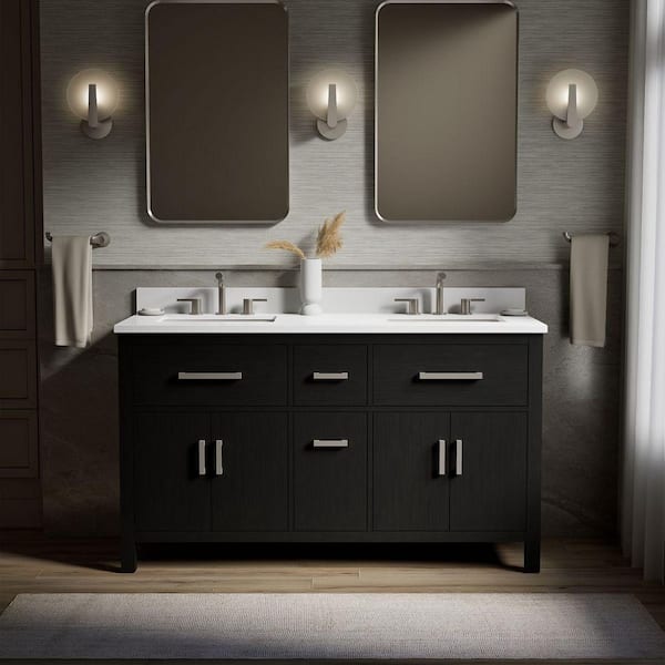 Kresla 61in. Double Sink Freestanding Carbon Oak Bath Vanity with White Quartz Top Assembled