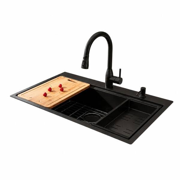 33 in. Drop-In Single Bowl 16 Gauge Gunmetal Black Stainless Steel Topmount Workstation Kitchen Sink