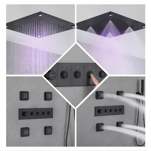 Single Handle 5-Spray Shower Faucet 1.8 GPM 20 in. LED Square Ceiling Mounted with Pressure Balance in. Matte Black