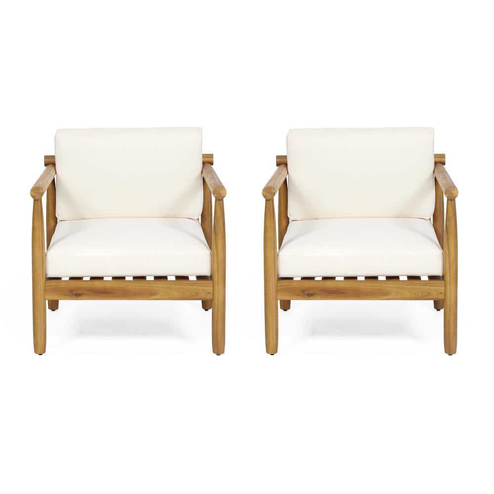 Teak Wood Outdoor Lounge Chairs with Cream Cushions, Set of 2