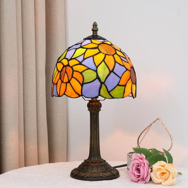 14 in. Multi-Colored Tiffany Style Bronze Finish Table Lamp with Sunflower Stained Glass Lamp Shade