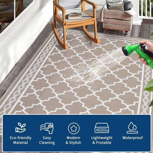 10 X 20 Gray coffee and white Outdoor Rug with North African/Geometric Print Plastic Straw Mat, Collapsible, Washable