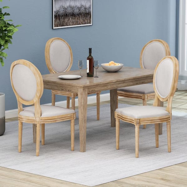 Noble House Joni French Fabric Dining Chair, Set of 4, Beige, Natural 