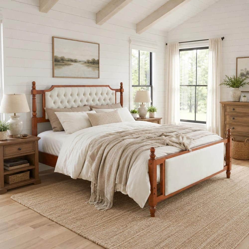 Brown Modern French Country Style Queen Size Upholstered Platform Bed with Button Tufted Headboard price history on PriceWatchPro