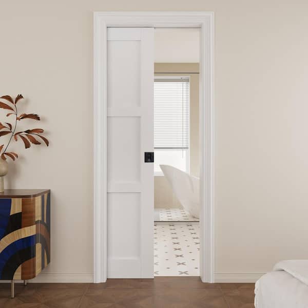 30 in. x 80 in. Primed 3-Lite MDF Door with White Pocket Door Frame and Hardware Kits (Soft Close and Black Lock Incl)