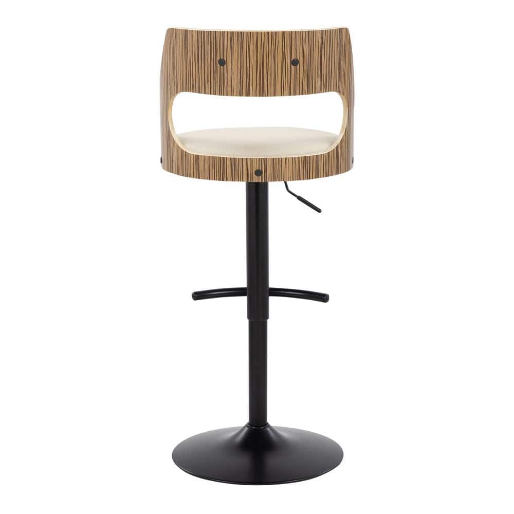 Adjustable Black Metal and Zebra Wood Barstools with Cream Faux Leather