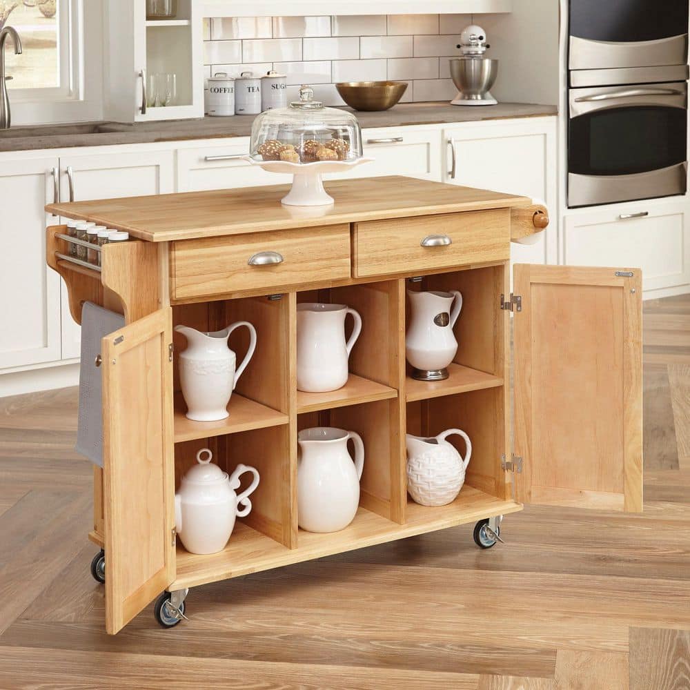 Natural Wood Kitchen Cart with Wine and Spice Rack