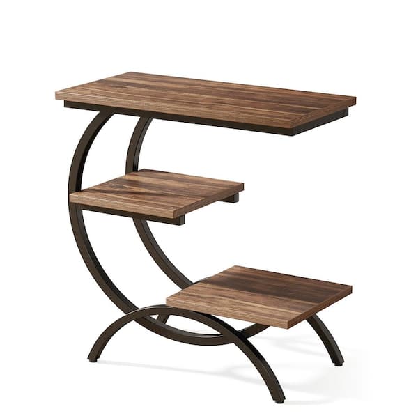 BYBLIGHT Kerlin 23.6 in. Brown C-Shaped End Table, 3-Tier Side Table with Shelves