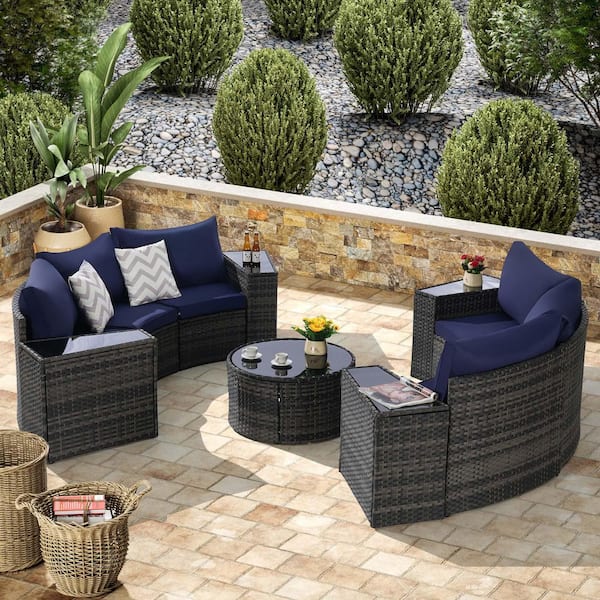 Tenleaf 11-Piece Wicker Patio Conversation Set with Dark Blue Cushions, Tempered Glass Round Coffee Table