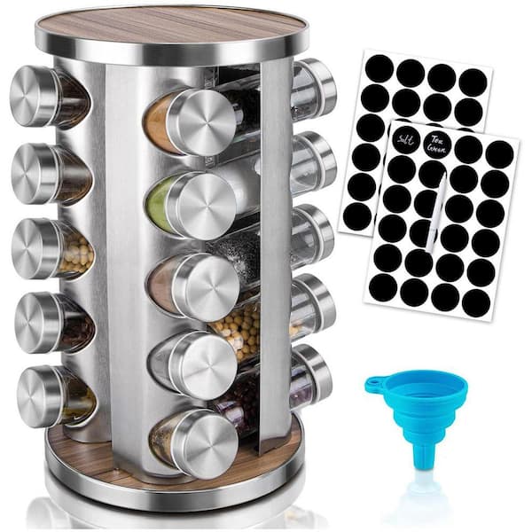 Rotating Spice Rack Organizer 20 Jars Stainless Steel Finish for Cabinet Countertop Seasoning Storage