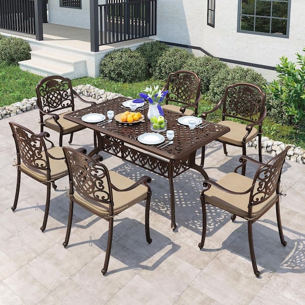 PamaPic 7-Piece Cast Aluminum Rectangle Outdoor Dining Set with Brown Cushions