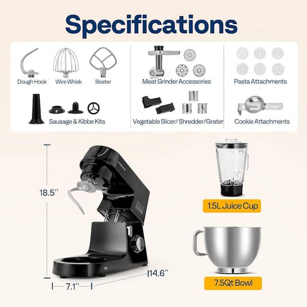 VIVOHOME 7.5 qt. 6-Speed Black 9 in 1 Stainless Steel