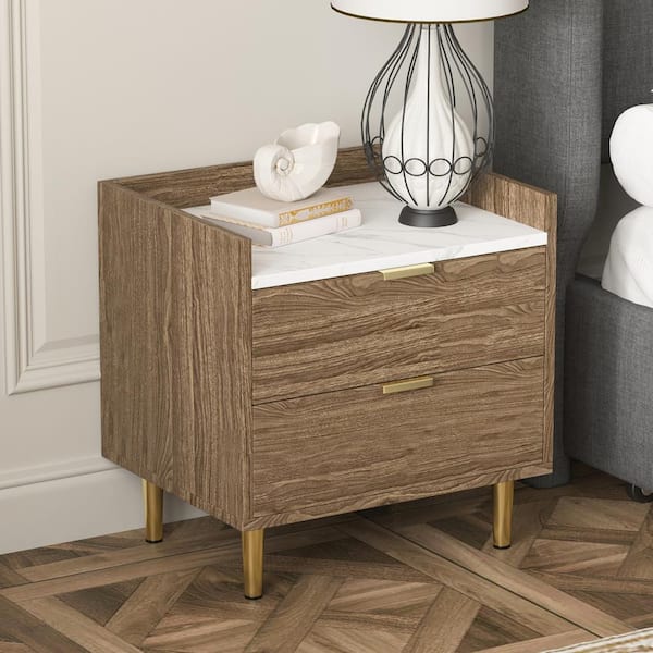 Harper & Bright Designs Walnut (Brown) Modern Nightstand with 2-Drawers and Marbling Worktop, Metal Legs and Handles