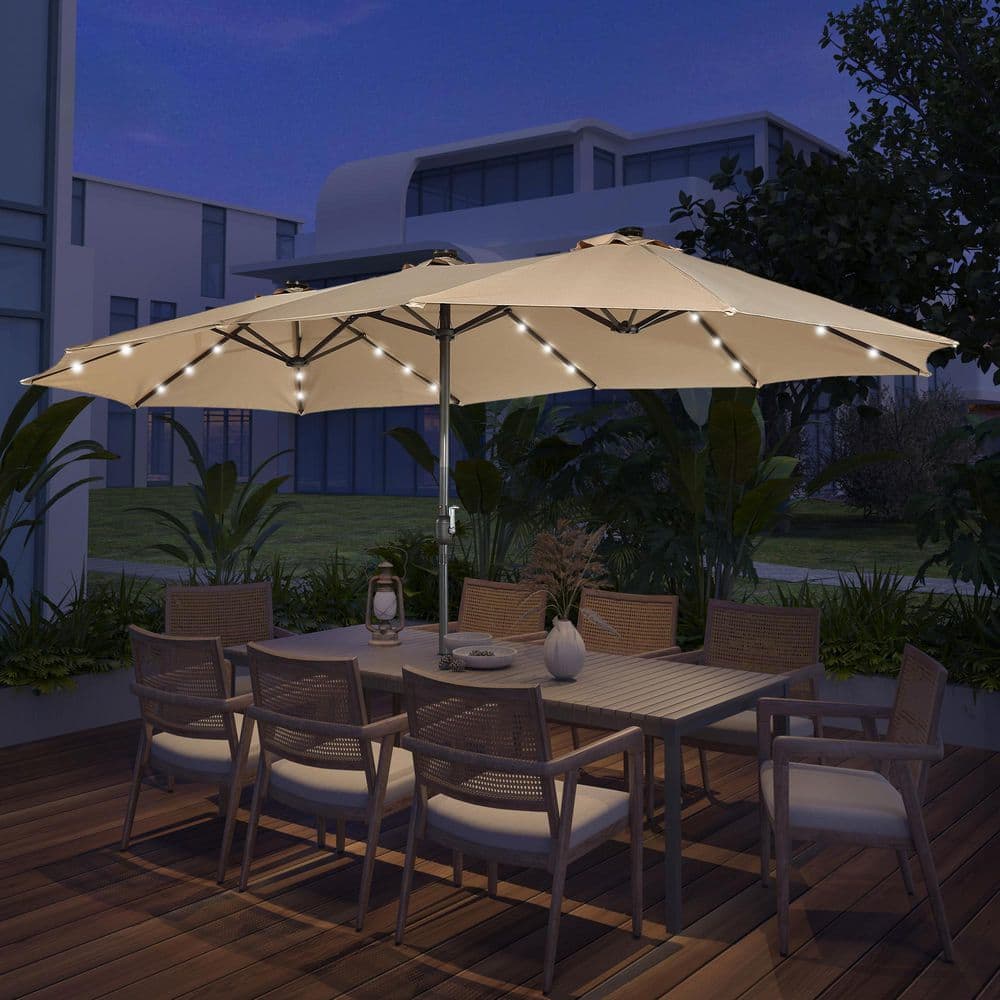 15 ft. Steel Patio Double-Side Market Umbrella with Base and Solar Light wi